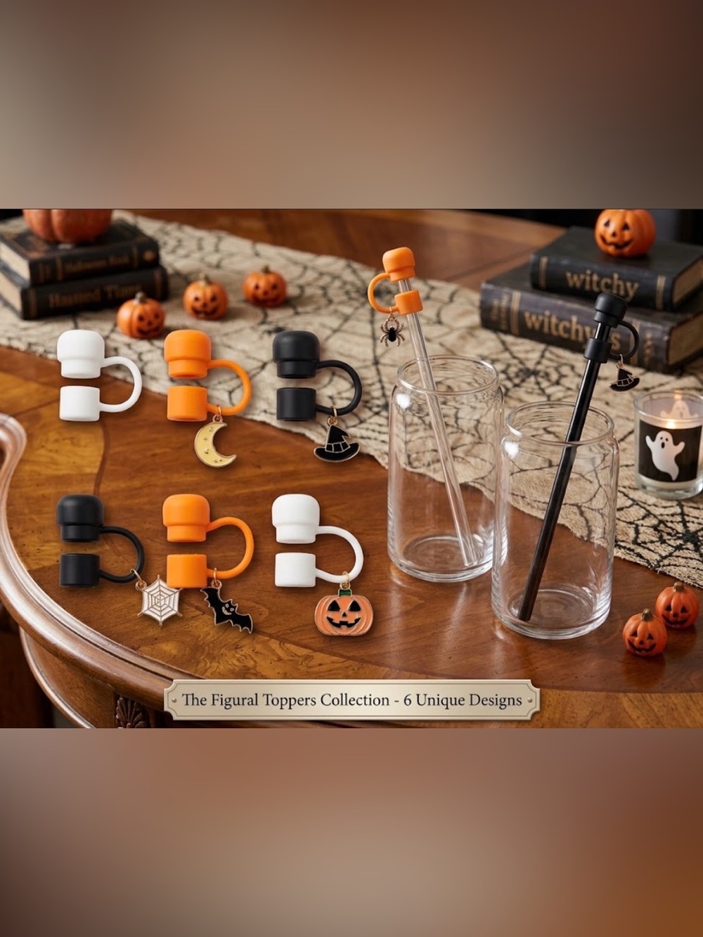 Halloween Silicone Drink Toppers w/Charm - 6 Pcs